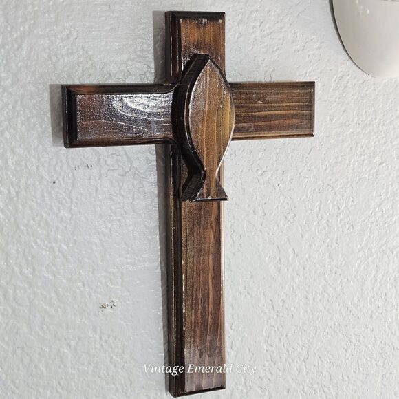 Vtg Hand-Carved 12" Wooden Cross Brown Rustic Decor Easter Jesús Religious Fish - Picture 7 of 11
